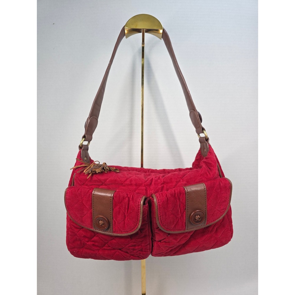 Vera Bradley Red Quilted Corduroy Shoulder Bag Brown Trim Key Lining Tassel Hobo